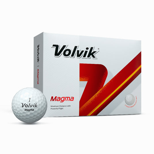 Volvik Magma white golf ball and packaging on a white background