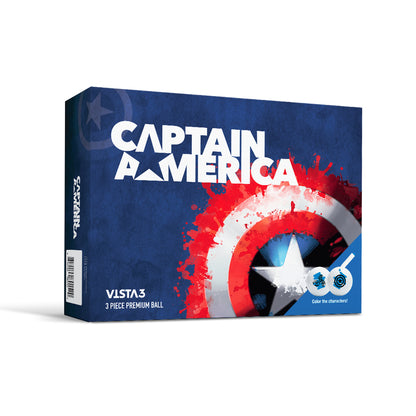 Box of Captain America-themed golf balls with shield design on a blue background