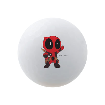 White golf ball with Marvel Deadpool character on a white background