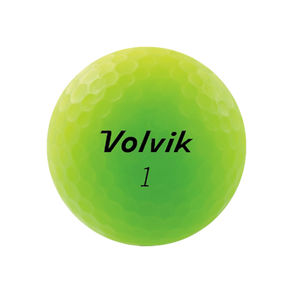 A bright neon yellow-green golf ball, featuring the black printed text 'Volvik 1' in the center, isolated on a solid white background.
