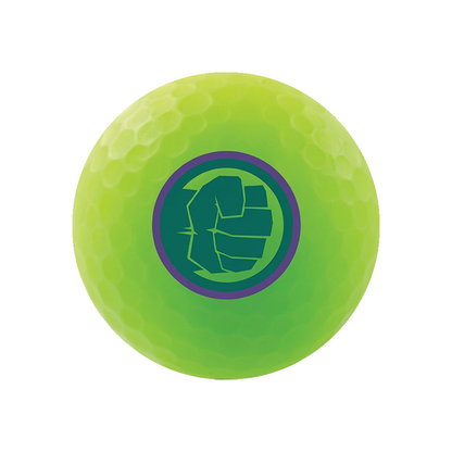 A bright neon yellow-green golf ball with a green and purple graphic of Hulk's fist printed in the center, isolated on a white background.