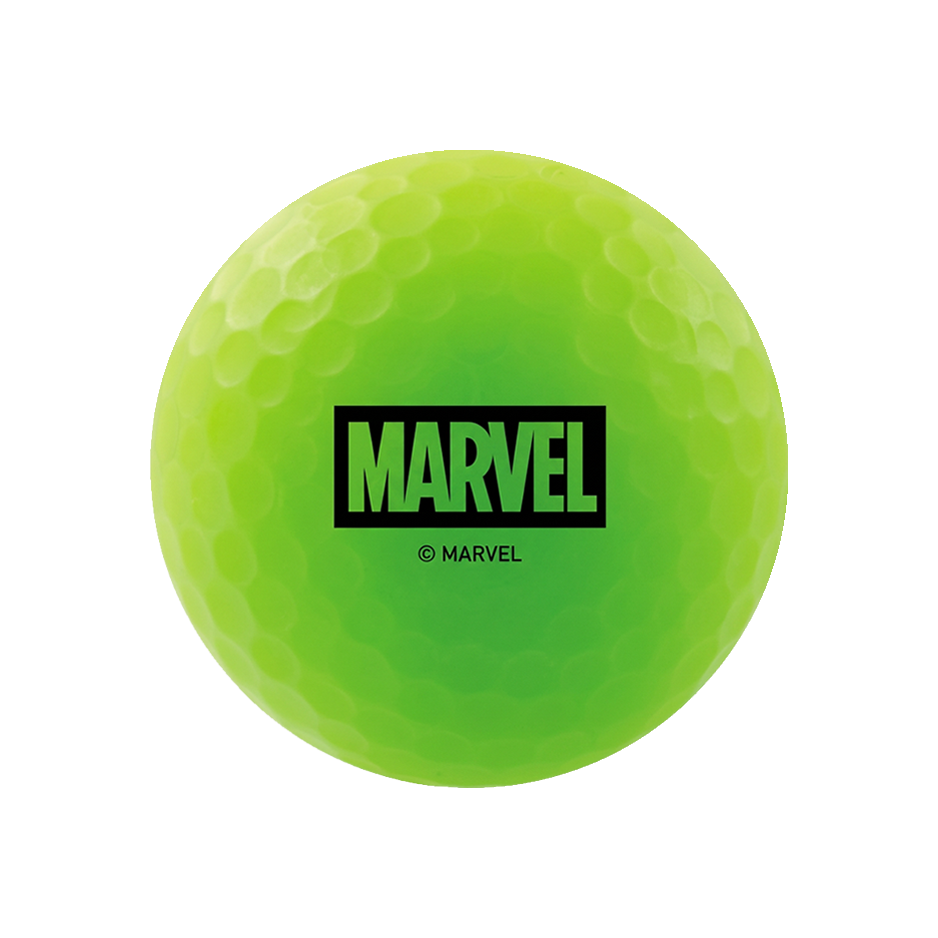 A bright neon yellow-green golf ball featuring the black Disney Marvel logo and 'C MARVEL' text printed on the front, isolated on a white background.