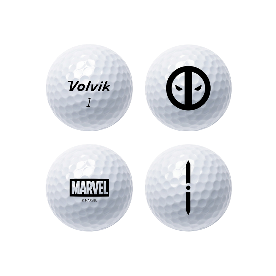 Four white golf balls arranged in a 2x2 grid, each showing a different black printed design including 'Volvik 1', a black Deadpool graphic, 'STAR WARS' logo, a black Marvel logo, and a vertical symbol.
