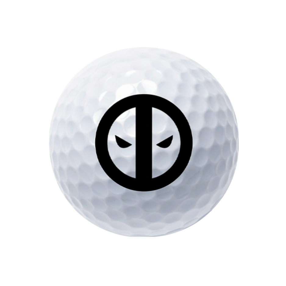A white golf ball with a black Deadpool graphic printed on the front, isolated on a white background.