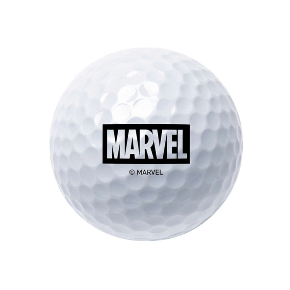 A white golf ball featuring the Disney Marvel logo and '© LFL' printed on the front, isolated on a white background.