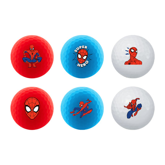 Six Spider-Man themed golf balls in red, blue, and white on a white background
