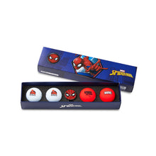 Set of Spider-Man themed golf balls in a branded box on a white background