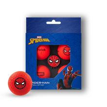 Marvel Avengers Spiderman performance golf balls in a clear pack with one ball placed in front on a white background. The golf balls are bright neon yellow-green and feature varied black graphics.