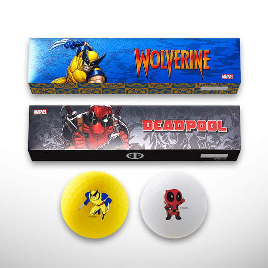 Two Marvel-themed product boxes with Wolverine and Deadpool, accompanied by a yellow golf ball and a white golf ball with character designs.