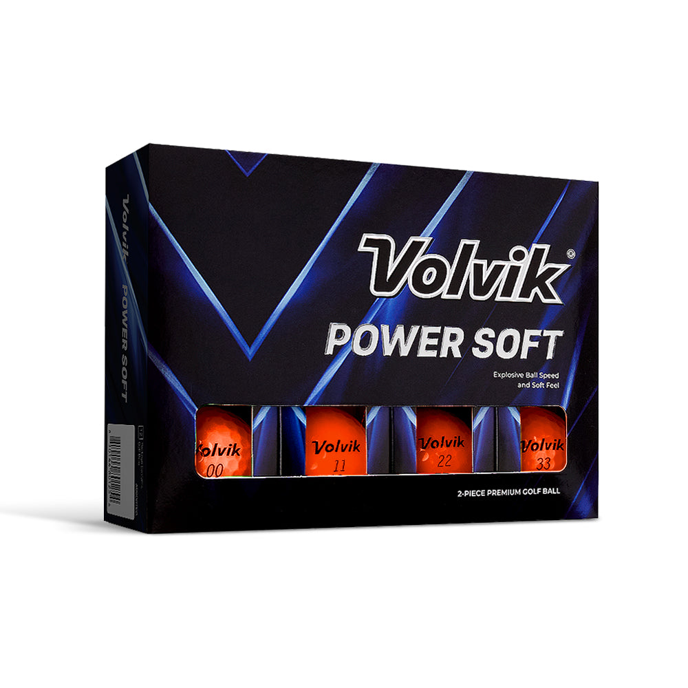 Dozen Box of Orange Volvik Power Soft golf balls on a white background