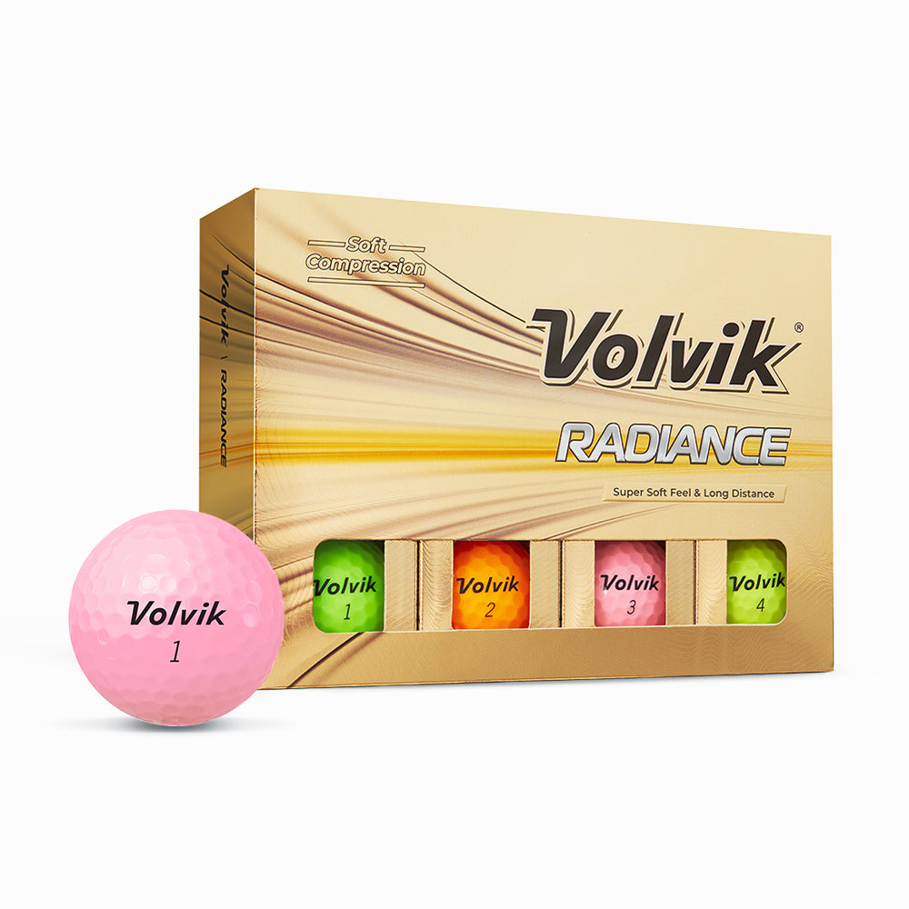 Volvik Radiance golf ball box with a pink golf ball on a white background