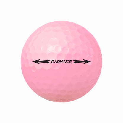 Pink golf ball with 'Radiance' 'putting line on a white background