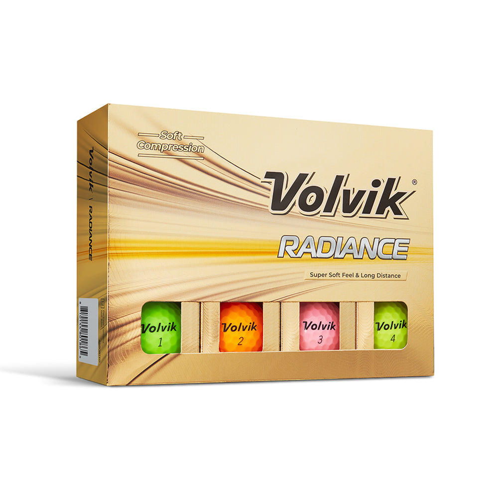 Volvik Radiance golf ball packaging with four golf balls visible on a white background