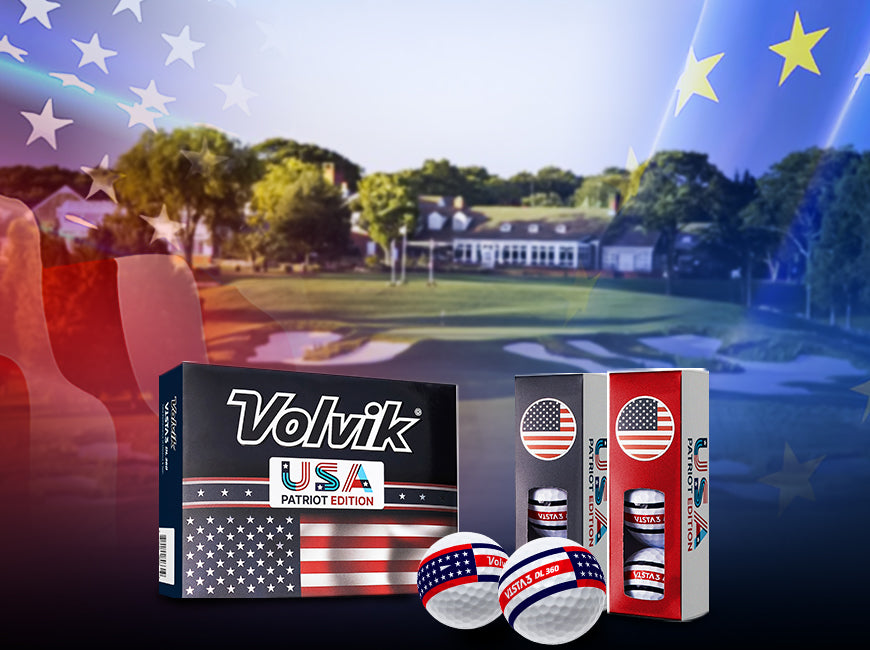 Volvik USA Patriot Edition Vista3 360 golf balls and packaging with American flag design on a golf course background
