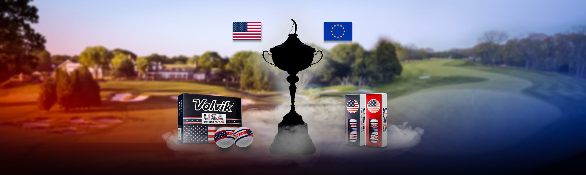 Golf course with golf balls, a trophy, and boxes of Volvik on a red and blue gradient background