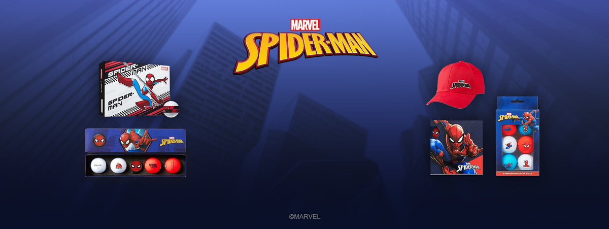 Marvel Spider-Man merchandise display on a dark blue graphic background with a red border. Visible items include a Spider-Man themed box/package, several round collectible balls, a red cap, a small card or print, and a phone case or similar rectangular accessory, all under the Marvel Spider-Man logo.