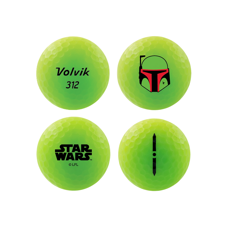 Four lime green golf balls arranged in a 2x2 grid, each showing a different black printed design including 'Volvik 312', Boba Fett, Star Wars logo, and a vertical symbol.