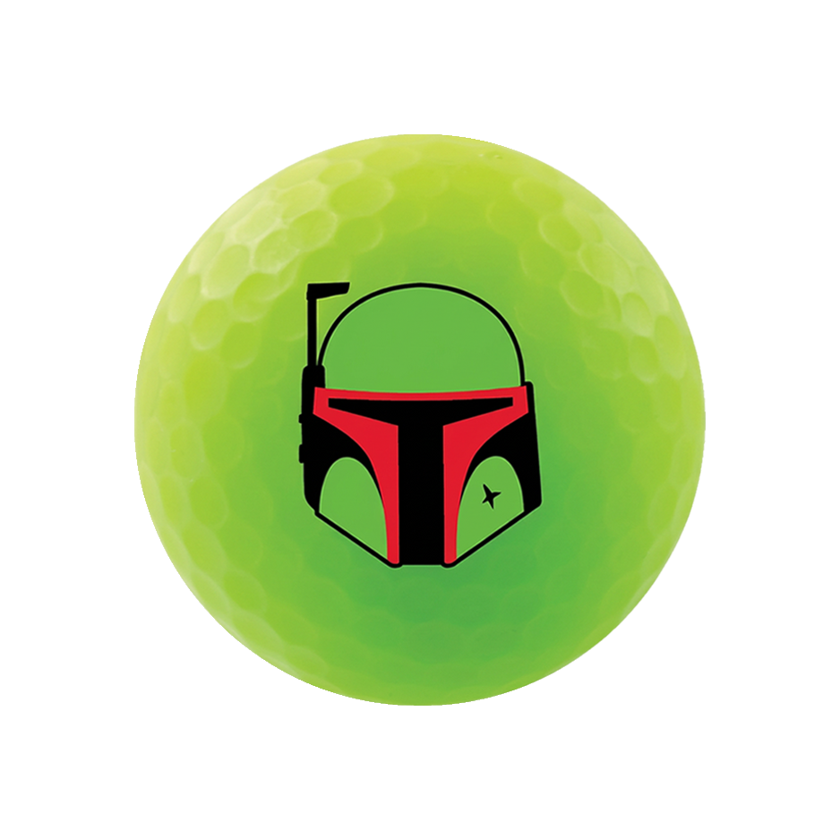 A bright lime green golf ball featuring a printed red and black Boba Fett helmet graphic on the front, isolated on a white background.