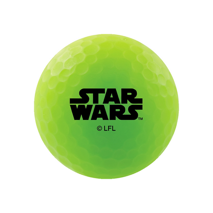 A bright neon yellow-green golf ball featuring the black Star Wars logo and '© LFL' printed on the front, isolated on a white background.