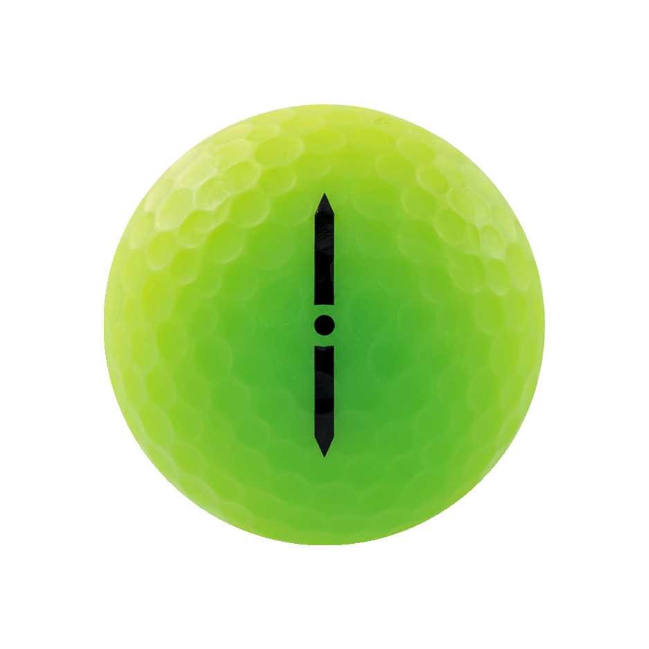A bright neon yellow-green golf ball with a black vertical symbol in the center, isolated on a white background.