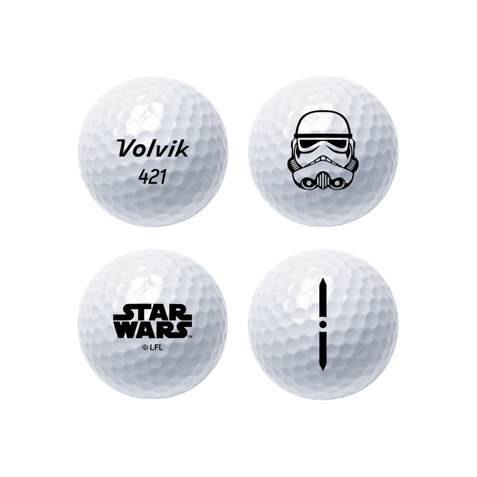 Four white Star Wars golf balls arranged in a 2x2 grid on a light gray background, each showing a different black printed design including 'Volvik 421', a stormtrooper, a black star wars logo, and a vertical symbol.