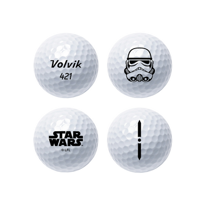 Four white Star Wars golf balls arranged in a 2x2 grid on a light gray background, each showing a different black printed design including 'Volvik 421', a stormtrooper, a black star wars logo, and a vertical symbol.