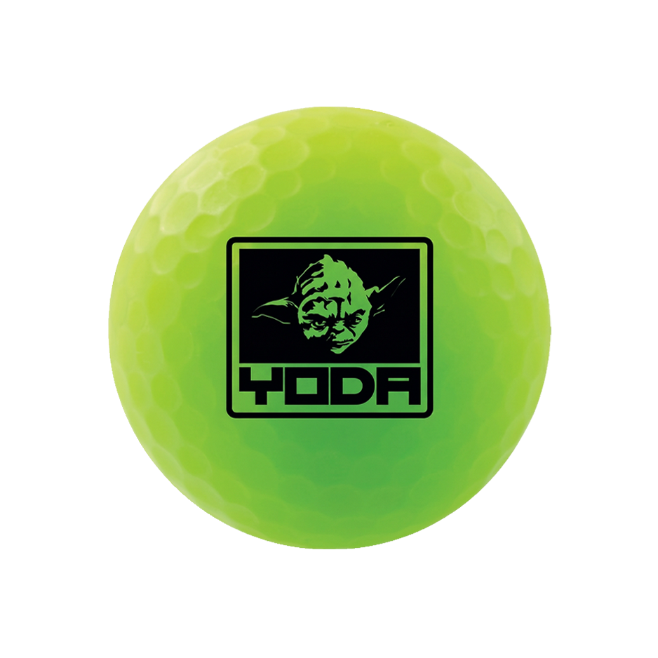 A bright neon yellow-green golf ball with a black graphic of Yoda's face and the word 'YODA' printed in the center, isolated on a white background.