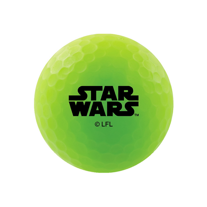 A bright neon yellow-green golf ball featuring the black Star Wars logo and 'C LFL' text printed on the front, isolated on a white background.