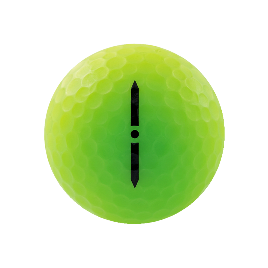 A bright neon yellow-green golf ball with a black vertical symbol in the center, isolated on a white background.