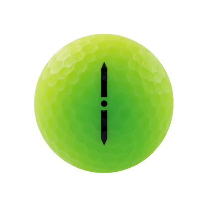 A bright neon yellow-green golf ball with a black vertical symbol in the center, isolated on a white background.
