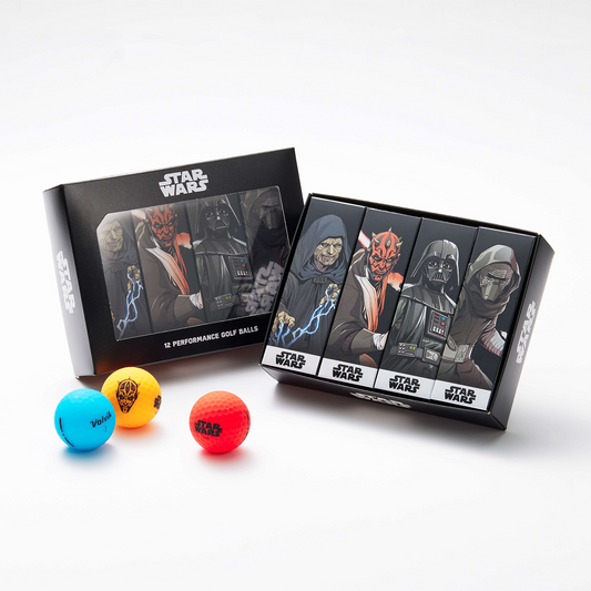 Star Wars themed golf ball box featuring illustrations of Emperor Palpatine, Darth Maul, Darth Vader and Kylo Ren on a white background.