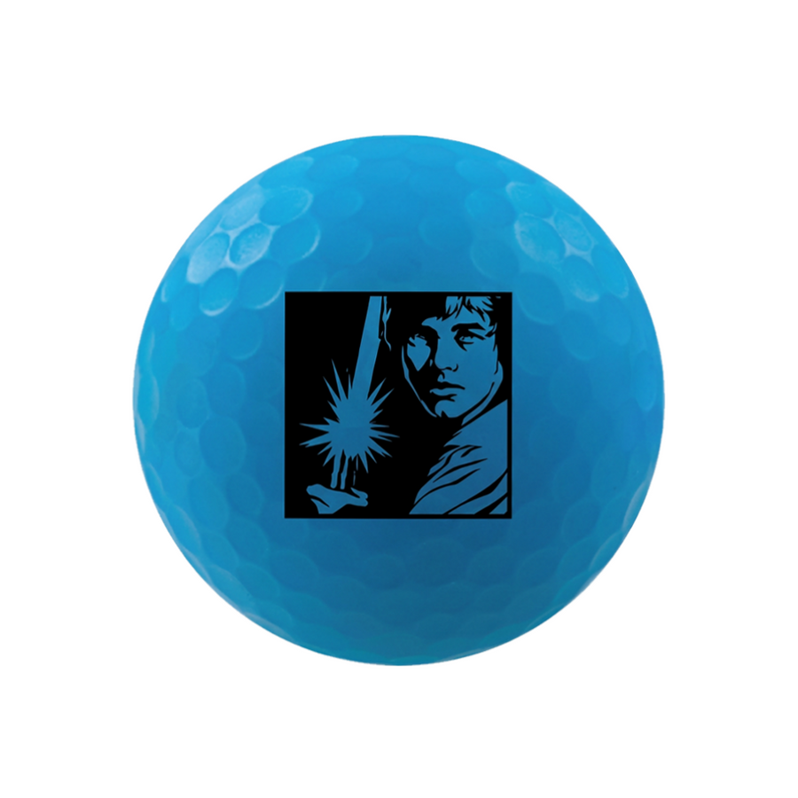 A bright blue golf ball featuring a black square graphic of Luke Skywalker holding a lightsaber.