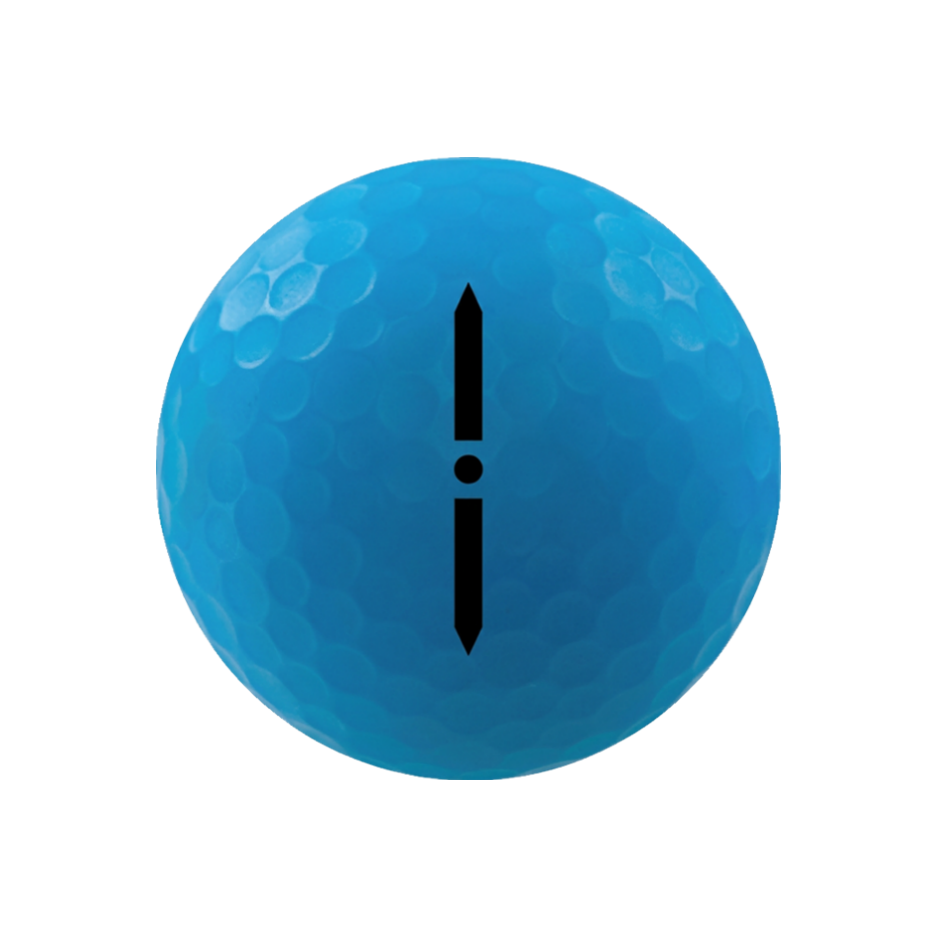 A bright blue golf ball with a black vertical symbol in the center.