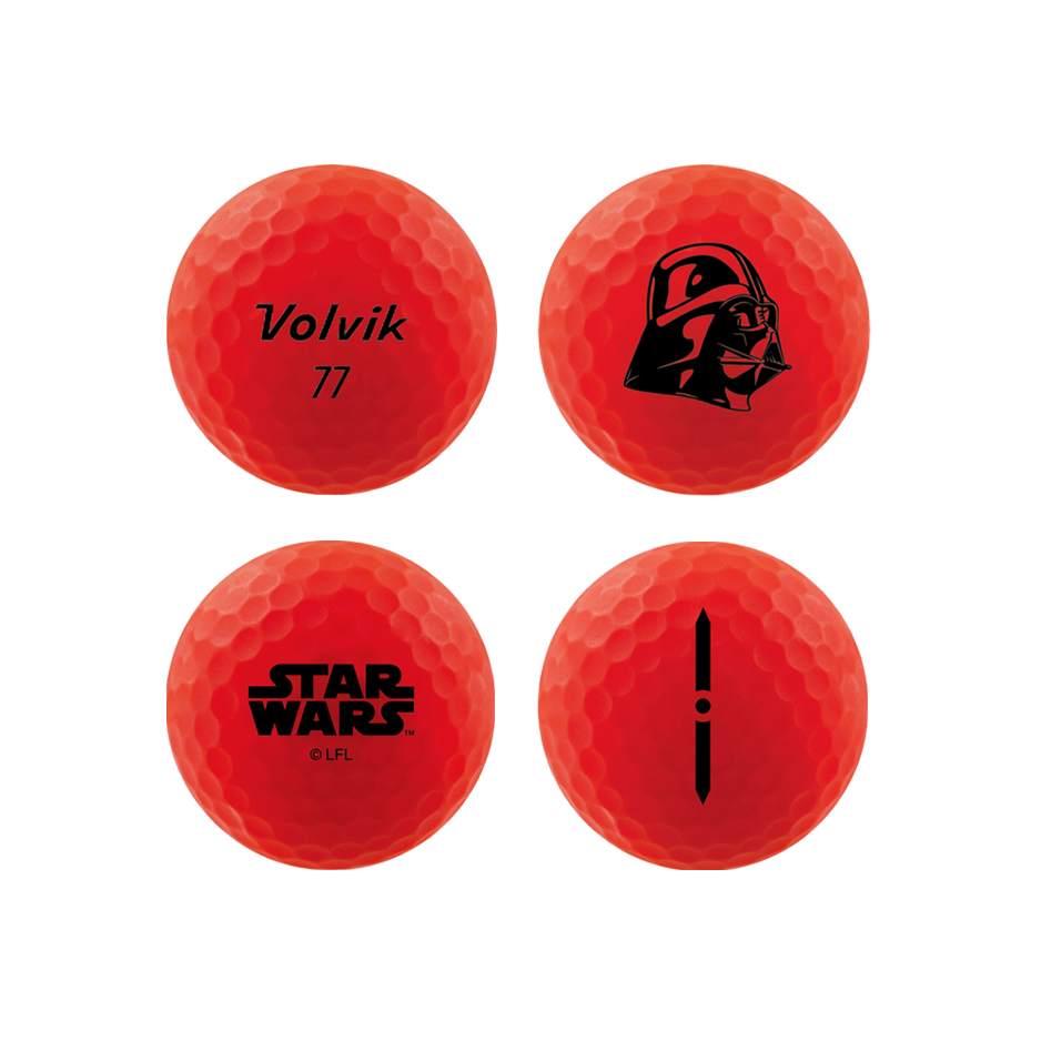 Four red Star Wars golf balls arranged in a 2x2 grid, each showing a different black printed design including 'Volvik 77', a black Darth Vader graphic, 'STAR WARS' logo, a black star wars logo, and a vertical symbol.
