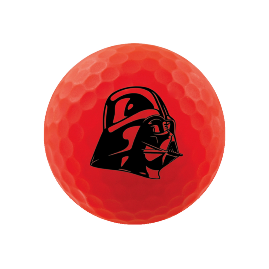 A red golf ball featuring a black Darth Vader helmet graphic on the front, isolated on a white background.