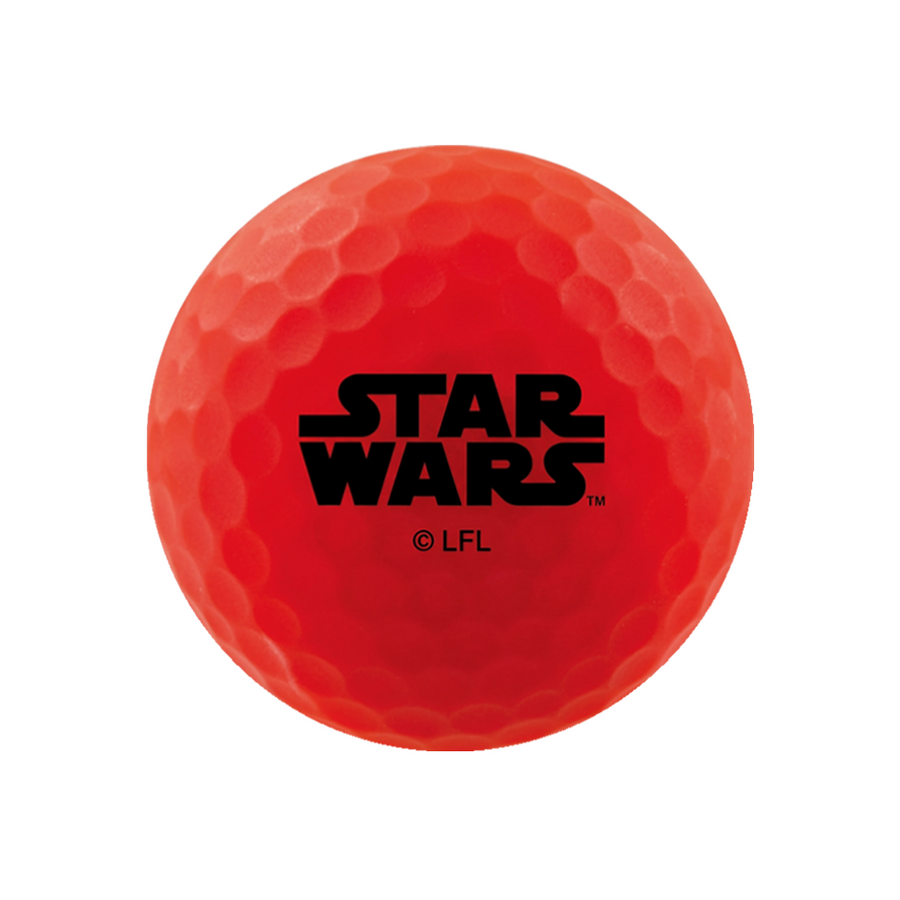 A red golf ball featuring the black Star Wars logo and '© LFL' printed on the front, isolated on a white background.