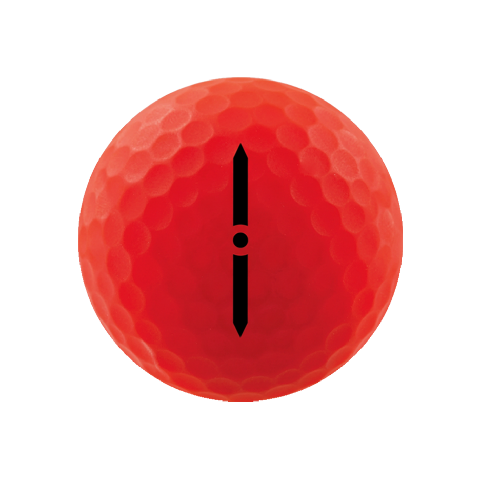 A red golf ball with a black vertical symbol in the center, isolated on a white background.