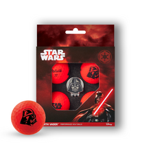 Star Wars Darth Vader Performance Golf Balls in retail packaging, with one red golf ball shown in front. The package contains red golf balls with character graphics and a red-sky box with Star Wars and Disney branding.