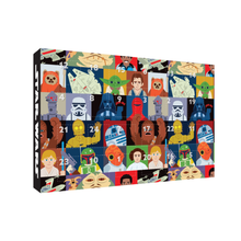 A rectangular canvas wall art print featuring a colorful collage of Star Wars characters and scenes, shown at an angle against a plain white background.