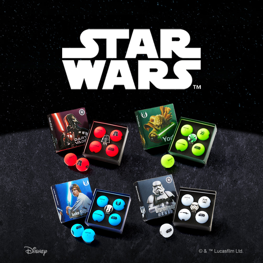 Star Wars-themed product set with golf balls and ball markers on a dark background