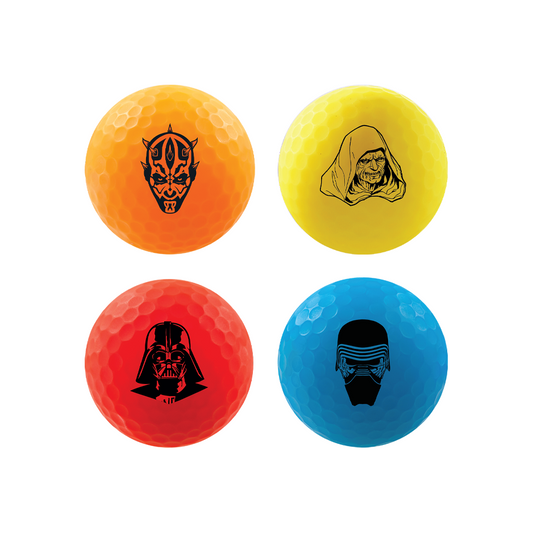 Four golf balls arranged in a 2x2 grid on a white background, each in a different color and printed with a black Star Wars character face: an orange Darth Maul ball, a yellow Emperor Palpatine ball, a red Darth Vader ball, and a blue Kylo Ren ball.