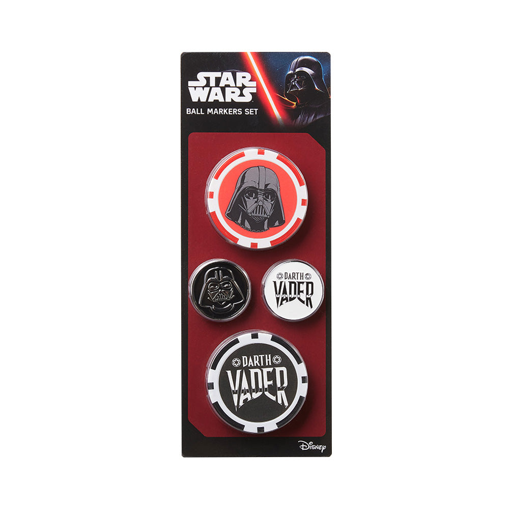 Star Wars Ball Markers Set featuring Darth Vader themed pins on a black and red backing card, with the Star Wars and Disney logos visible.