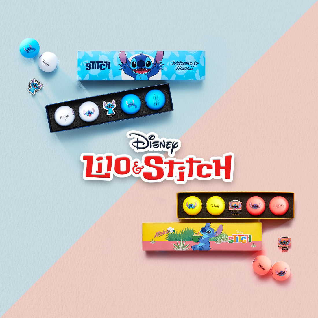 Disney Lilo & Stitch product set with colorful packaging and characters on a two-tone background.