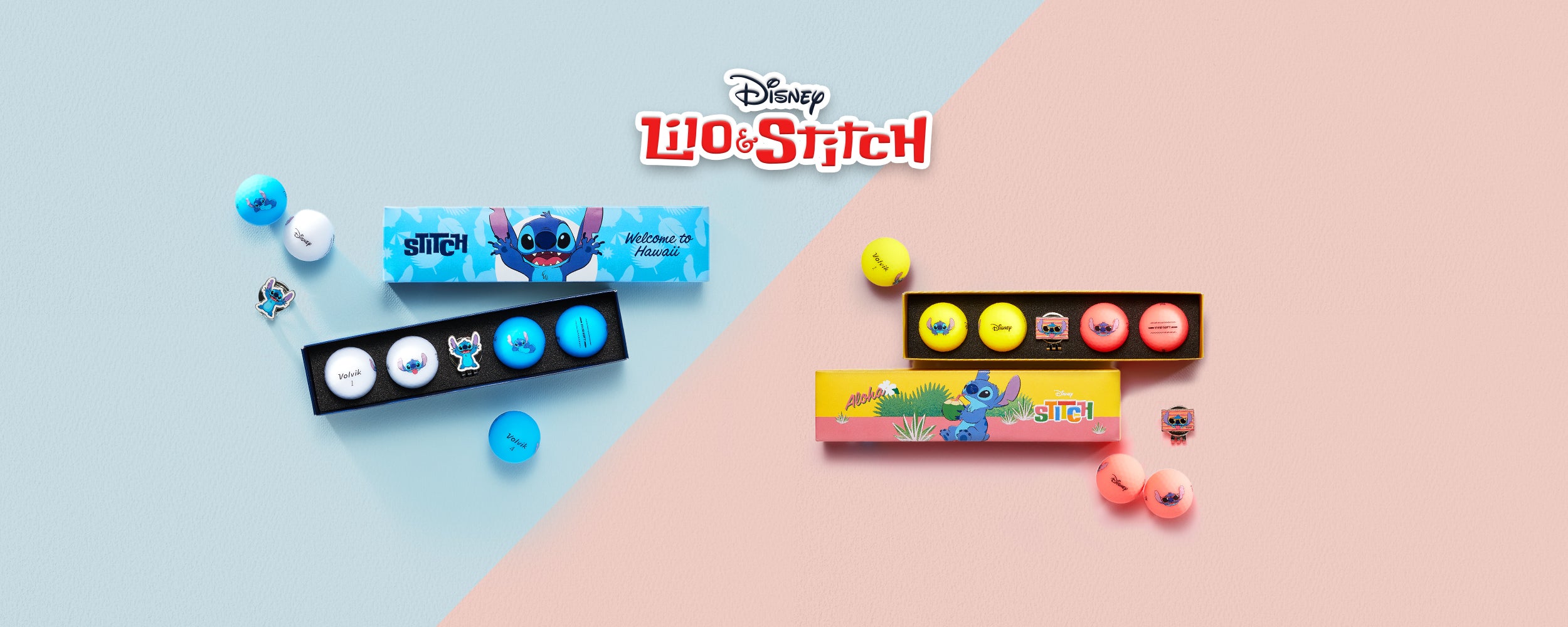 Stitch-themed product packaging on a split light blue and pink background with Disney logo.