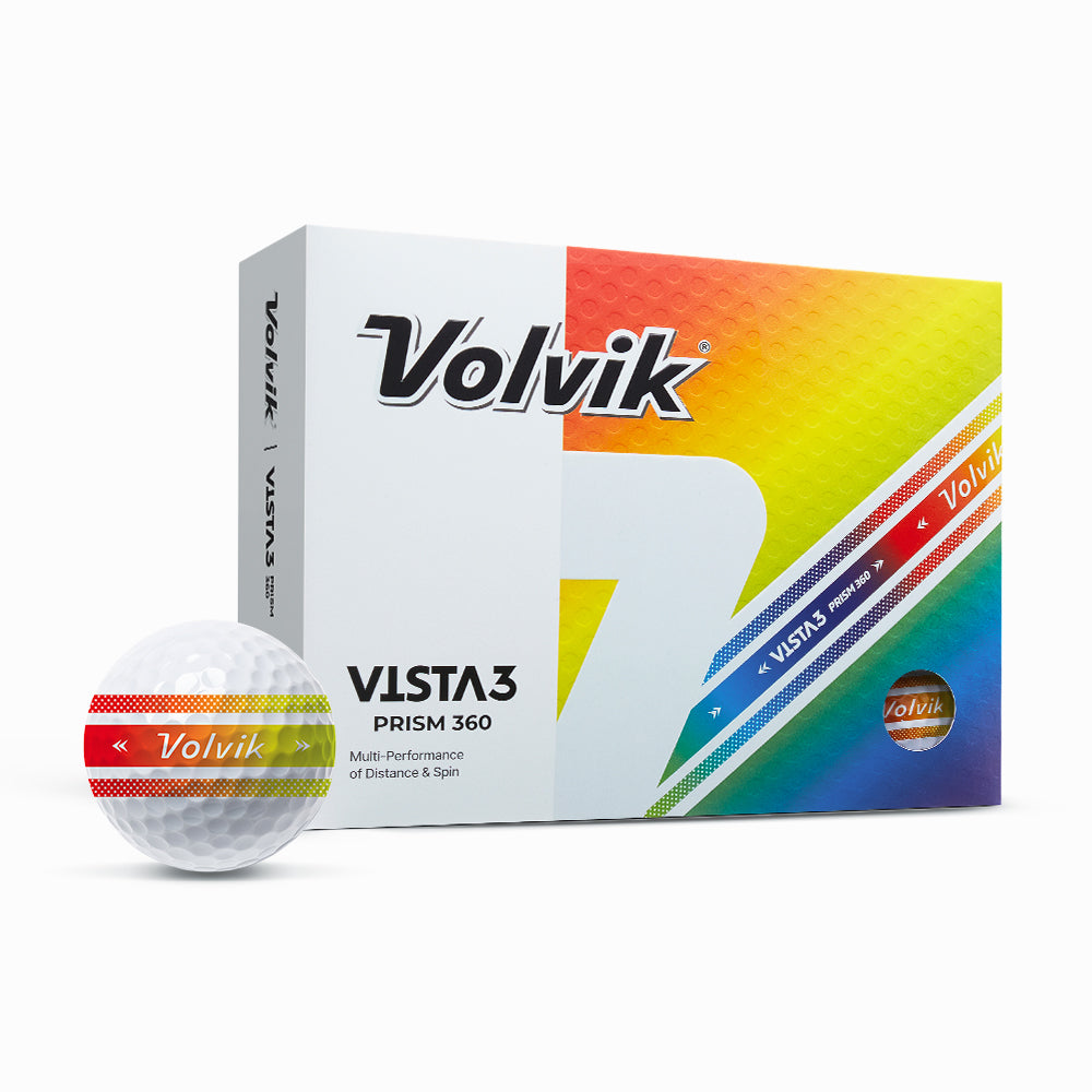 Volvik Vista3 Prism 360 golf ball packaging with a golf ball in front on a white background