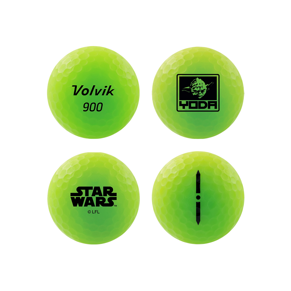 Four bright neon yellow-green golf balls arranged in a 2x2 grid. The top-left ball reads 'Volvik 900', the top-right has a black Star Wars Yoda logo, the bottom-left has the Star Wars logo, and the bottom-right has a black vertical symbol.