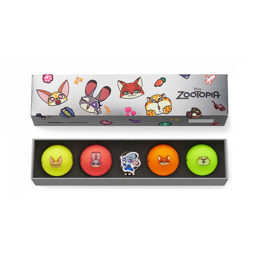 Set of 4 colorful golf balls with Zootopia character faces in a Zootopia-themed gift set