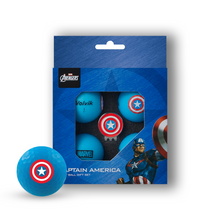 Marvel Avengers Captain America Star Wars Disney performance golf balls in a clear pack with one ball placed in front on a white background. The golf balls are bright blue and feature varied graphics.