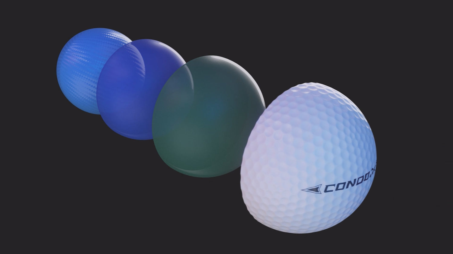 Three gradient balls transitioning from blue to green to white on a black background, with a Condor logo.