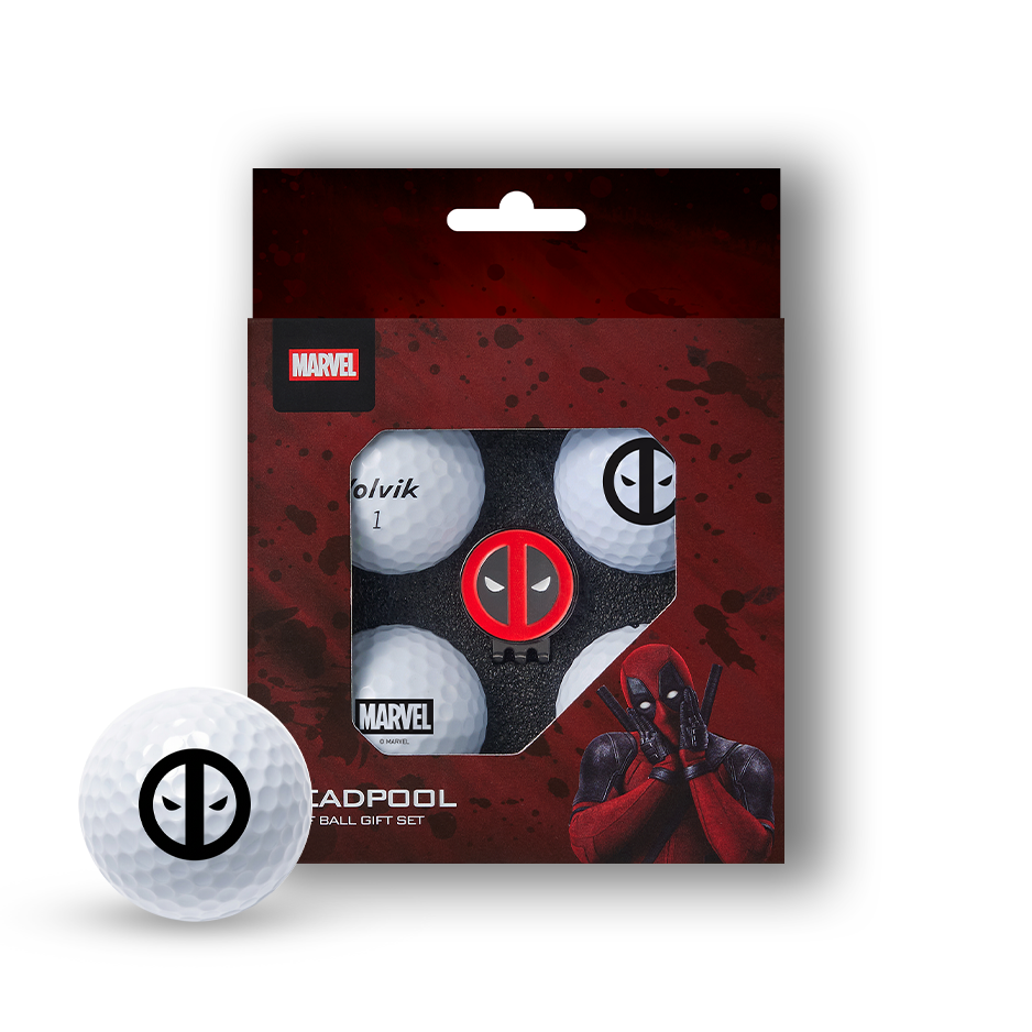 Deadpool Marvel golf ball gift set in its retail packaging, featuring a white golf ball with the Deadpool logo in the foreground and the box showing golf balls and Deadpool artwork.
